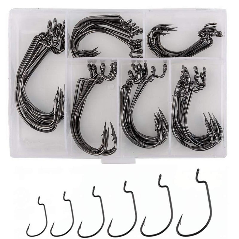 FCFKUK 60pcs Offset Worm Hook High Carbon Steel Wide Gap Bait Jig Fish Hooks with Plastic Box #1-5/0 - Image 1